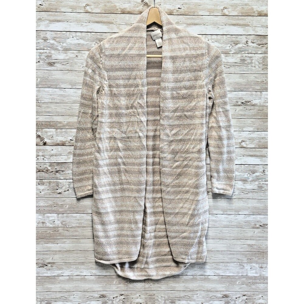 Chicos Open Front Cardigan Sweater Womens 1 M Pink Cream Metallic Striped